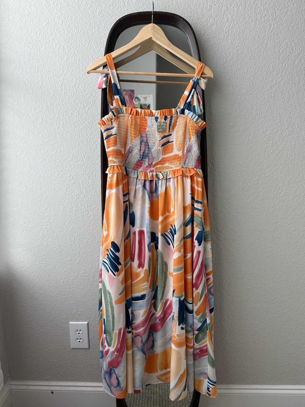 Jodifl Orange Abstract Print Smocked Midi Dress Tie Straps Ruffle Lined Size M